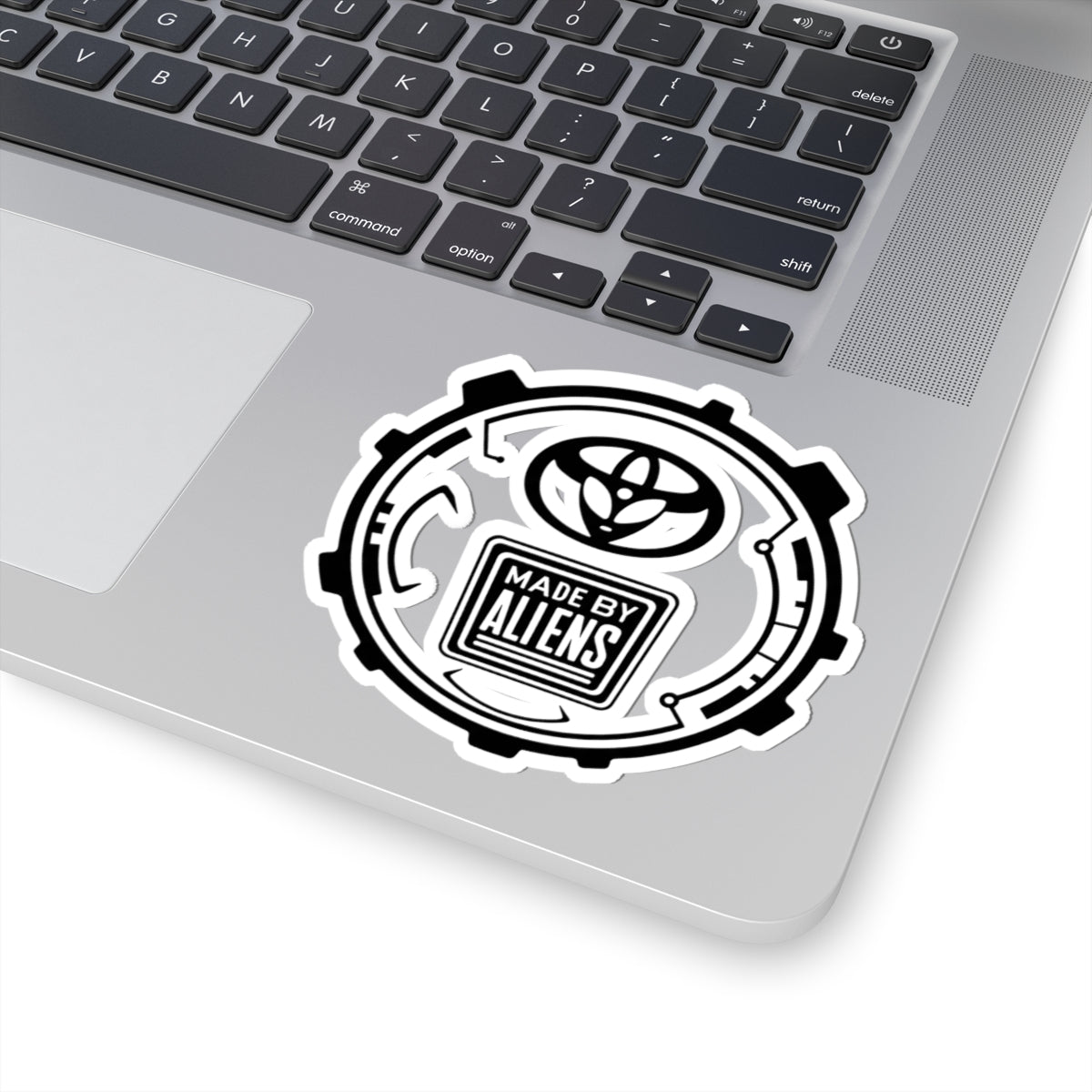 Made By Aliens Sticker — Sci‑Fi Black & White Kiss‑Cut Decal for Laptops, Gear & Skateboards