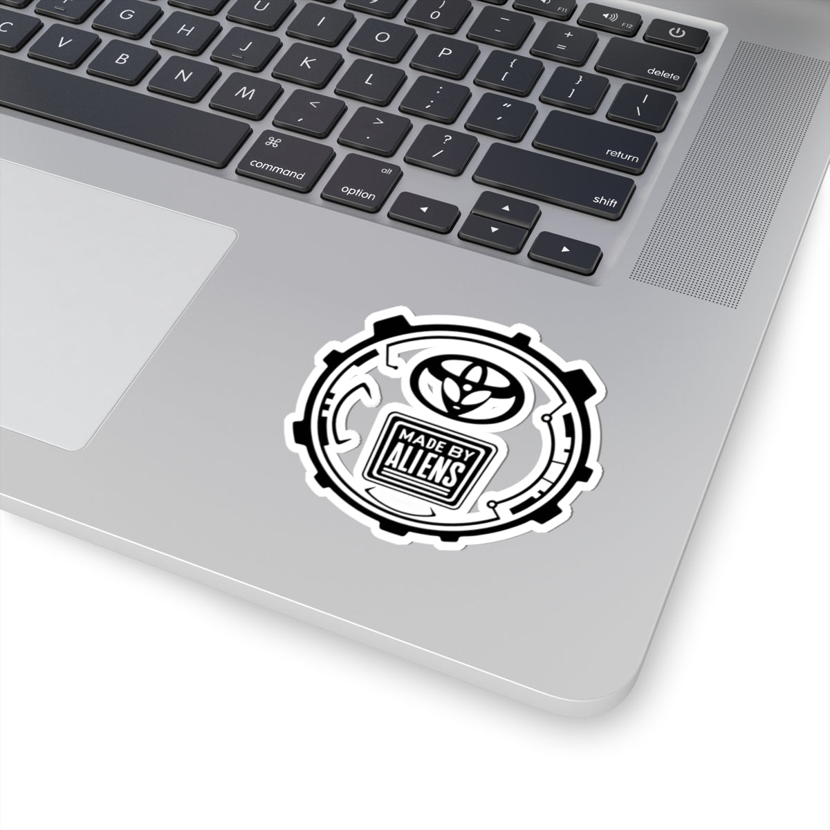 Made By Aliens Sticker — Sci‑Fi Black & White Kiss‑Cut Decal for Laptops, Gear & Skateboards