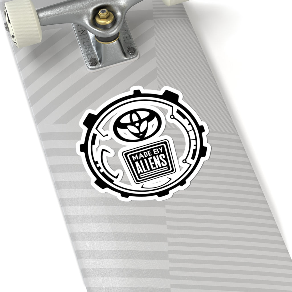 Made By Aliens Sticker — Sci‑Fi Black & White Kiss‑Cut Decal for Laptops, Gear & Skateboards