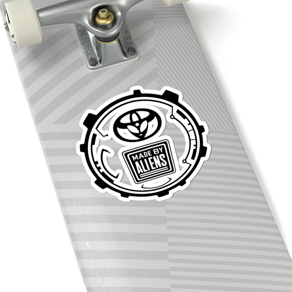 Made By Aliens Sticker — Sci‑Fi Black & White Kiss‑Cut Decal for Laptops, Gear & Skateboards