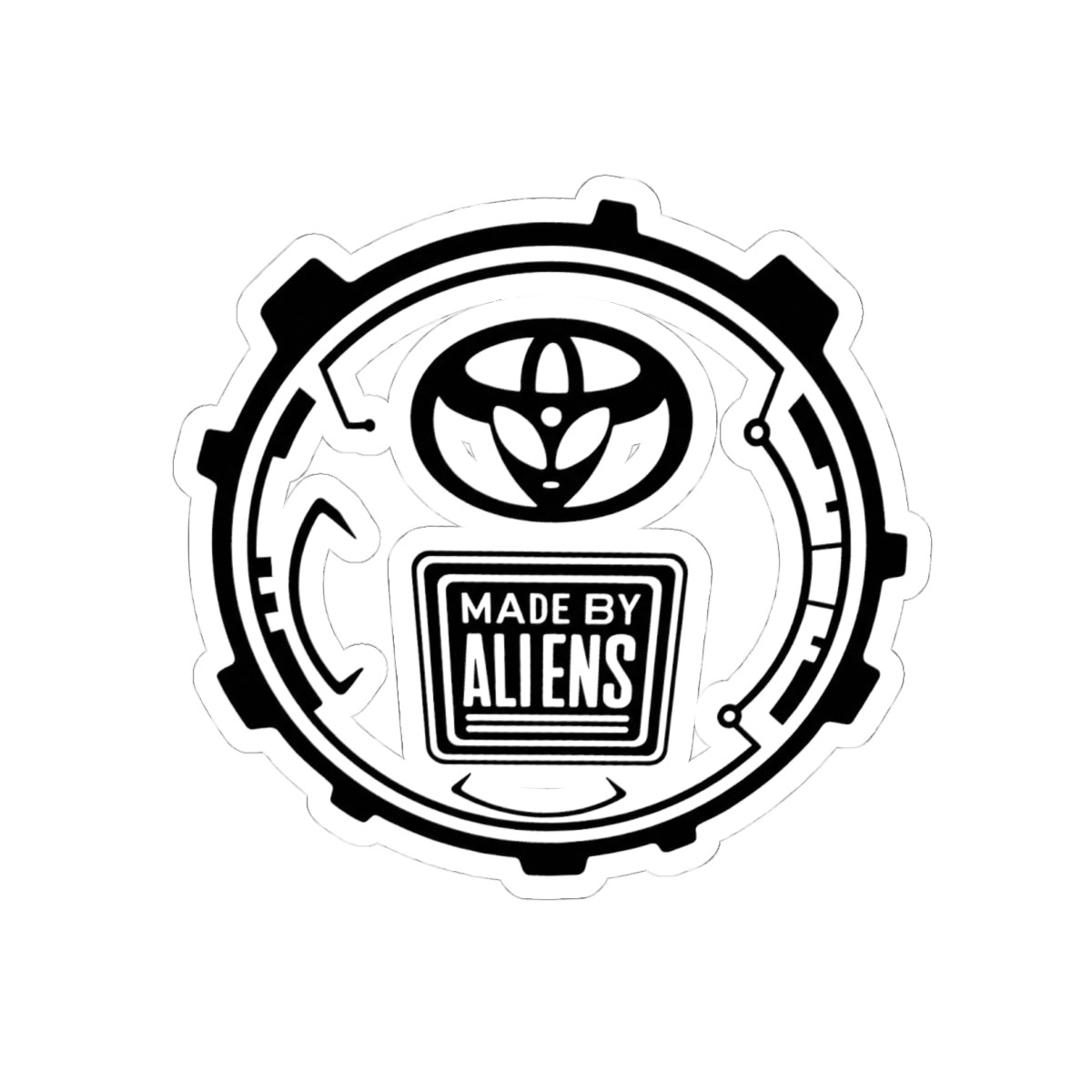 Made By Aliens Sticker — Sci‑Fi Black & White Kiss‑Cut Decal for Laptops, Gear & Skateboards